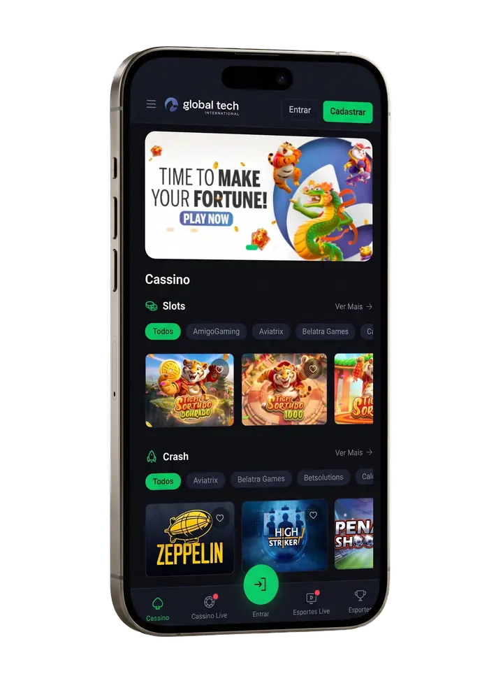 Aplicativo Global Tech International na tela de promoções e slots